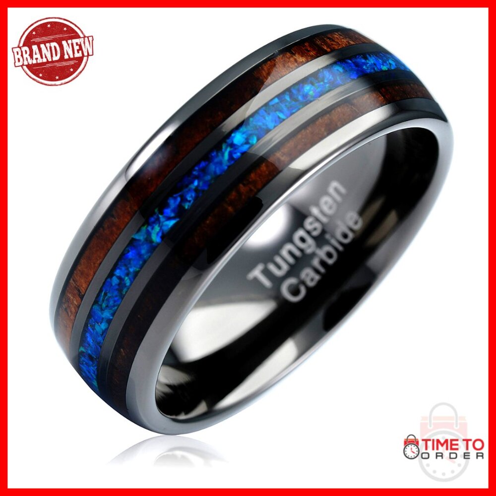 Men's Tungsten Wedding Band Koa Wood Blue Opal Inlaid Ring Size 13.5